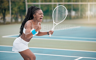 Buy stock photo Black woman, tennis and win of game with competition, achievement and fitness on court. Outdoor, celebration and health club with sport, match and yes of African player and athlete with point success