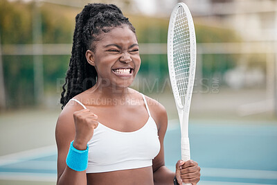 Buy stock photo Black woman, tennis and winning game with competition, achievement and smile in court. Outdoor, celebration and health club with sport, match and yes with African player and athlete for point success