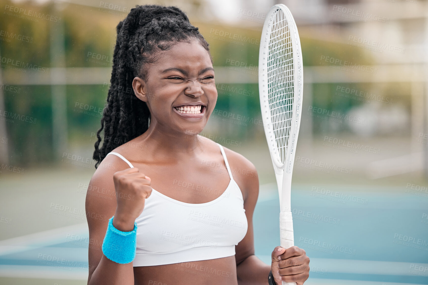 Buy stock photo Black woman, tennis and winning game with competition, achievement and smile in court. Outdoor, celebration and health club with sport, match and yes with African player and athlete for point success