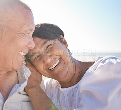 Buy stock photo Smile, mature couple and hug outdoor with love, bonding and romance date on retirement travel for marriage. Happy, woman and man with embrace of relationship, blue sky and loyalty on holiday together