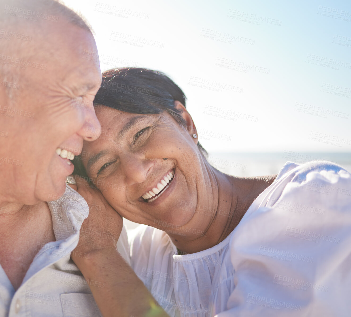 Buy stock photo Smile, mature couple and hug outdoor with love, bonding and romance date on retirement travel for marriage. Happy, woman and man with embrace of relationship, blue sky and loyalty on holiday together