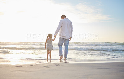 Buy stock photo Dad, girl and holding hands with back on beach for bonding adventure, ocean view and summer vacation for family time. Father, daughter and together by sea with love or support, holiday and journey.