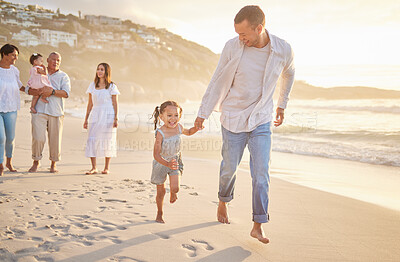 Buy stock photo Travel, dad and girl on beach for running with family for summer adventure, tropical vacation and bonding outdoor. Grandparents, parents and kids by ocean on holiday for weekend trip with fun or love