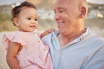 Buy stock photo Girl, grandpa and baby at beach for holiday, love or bonding together with elderly man or wellness. Nature, safety and happy grandfather on family vacation with support, security or smile with kid