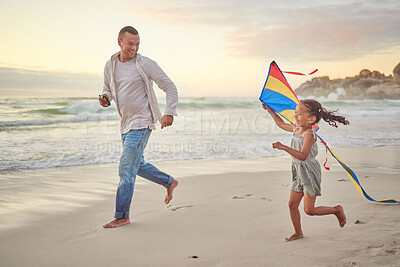 Buy stock photo Father, girl and running with kite at beach for holiday, learning or play for bonding with care at sunset. Dad, child and toys in wind for games, excited and happy on vacation with flying by ocean