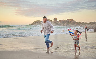 Buy stock photo Travel, dad and girl running with kite on beach for adventure, enjoyment and playing on vacation for fun bonding. Father, daughter and playful together by ocean with happiness on holiday and energy.