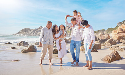 Buy stock photo Parents, grandparents and children walking on beach for bonding, holiday and travel with smile. Happy family, people and kids with vacation adventure at sea together for relax, fun and love in nature