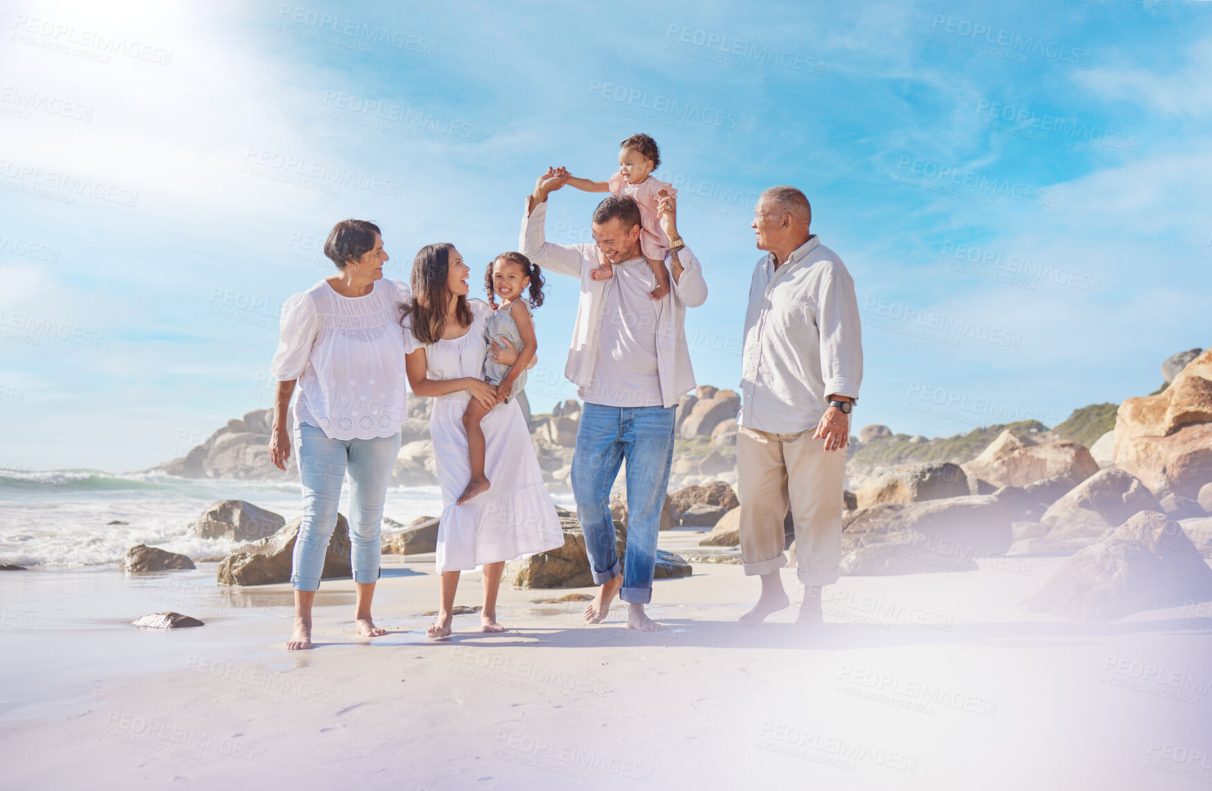 Buy stock photo Happy, big family and outdoor at beach, fun and grandparents on vacation with group for bonding. Sea, woman and man with kids for holiday with senior people, summer and break for children in Canada