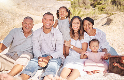 Buy stock photo Family, portrait and outdoor with picnic, travel and summer vacation in park. Holiday, grandparents and parents with toddler and baby, bonding and love with happy people and kids in nature on beach