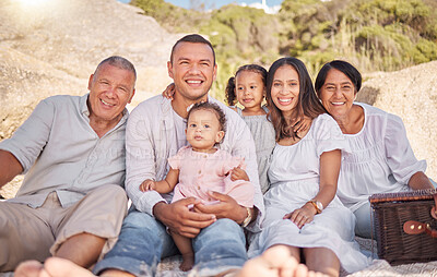 Buy stock photo Family, portrait and beach picnic outdoor with baby, travel and summer vacation in park. Holiday, grandparents and parents together with care, bonding and love with happy people and kids in nature