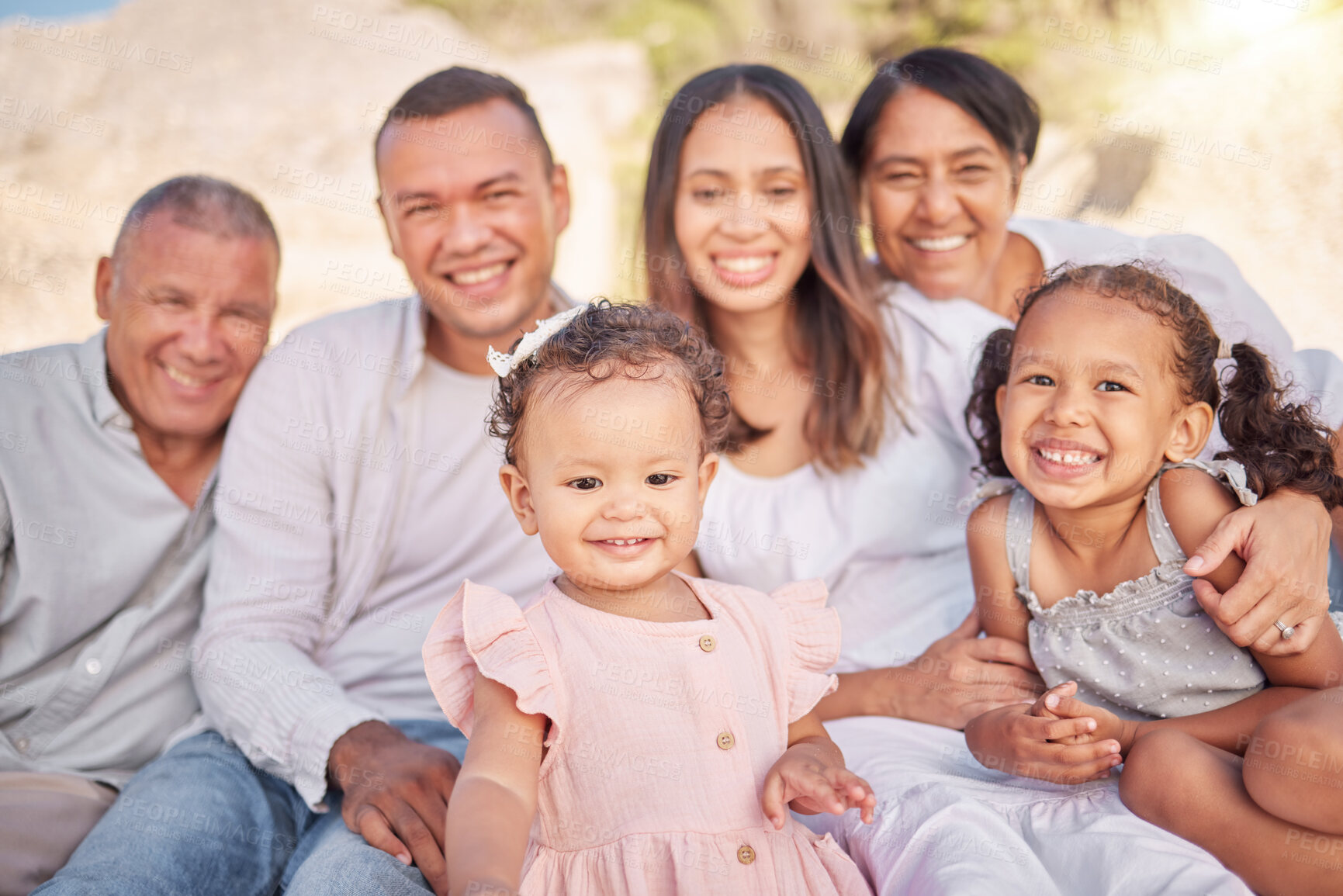 Buy stock photo Grandparents, portrait and kids outdoor with smile, travel and summer vacation in park. Holiday, family and youth together with care, bonding and love with happy senior people and parents in nature