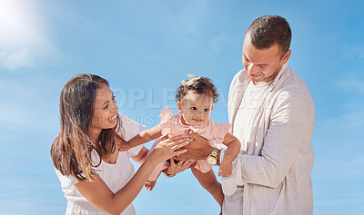 Buy stock photo Family, baby flying and outdoor vacation for travel, love and bonding support in relationship. Parents, toddler and relax on holiday in nature together, weekend trip and child playing by blue sky