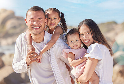 Buy stock photo Portrait, parents and kids with embrace, travel and family in vacation for fresh air, smile or bonding. Outdoor, man and woman with children for fun, piggyback and hug in Florida, nature and weekend