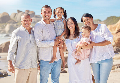 Buy stock photo Portrait, big family and happy in beach, travel and vacation for bonding, outdoor and grandparents with smile. Relax, man and woman with children for fun in holiday, group and fresh air in weekend