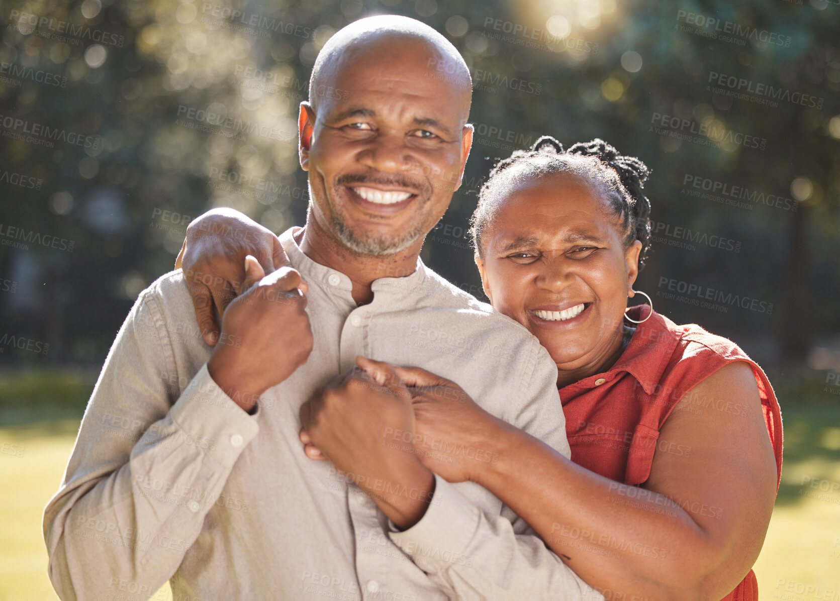 Buy stock photo Senior couple, black people and portrait outdoor with hug for bonding, love and commitment in marriage. Mature, man and woman with smile, embrace and romance in park in nature for holiday and support