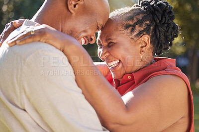 Buy stock photo Senior couple, black people and laughing in nature with hug for bonding, love and commitment in marriage. Mature, man and woman with joke, embrace and romance in park outdoor for holiday and support