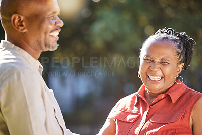 Buy stock photo Senior couple, black people and portrait outdoor with smile for bonding, love and commitment in marriage. Mature, man and woman with laughing, happy and romance in nature for holiday and support