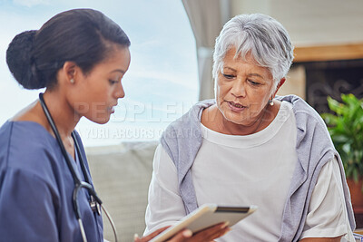 Buy stock photo Woman, nurse and patient with tablet in elderly care for home assistance, checkup or advice. Female person or medical caregiver talking to mature client on technology for healthcare, results or plan