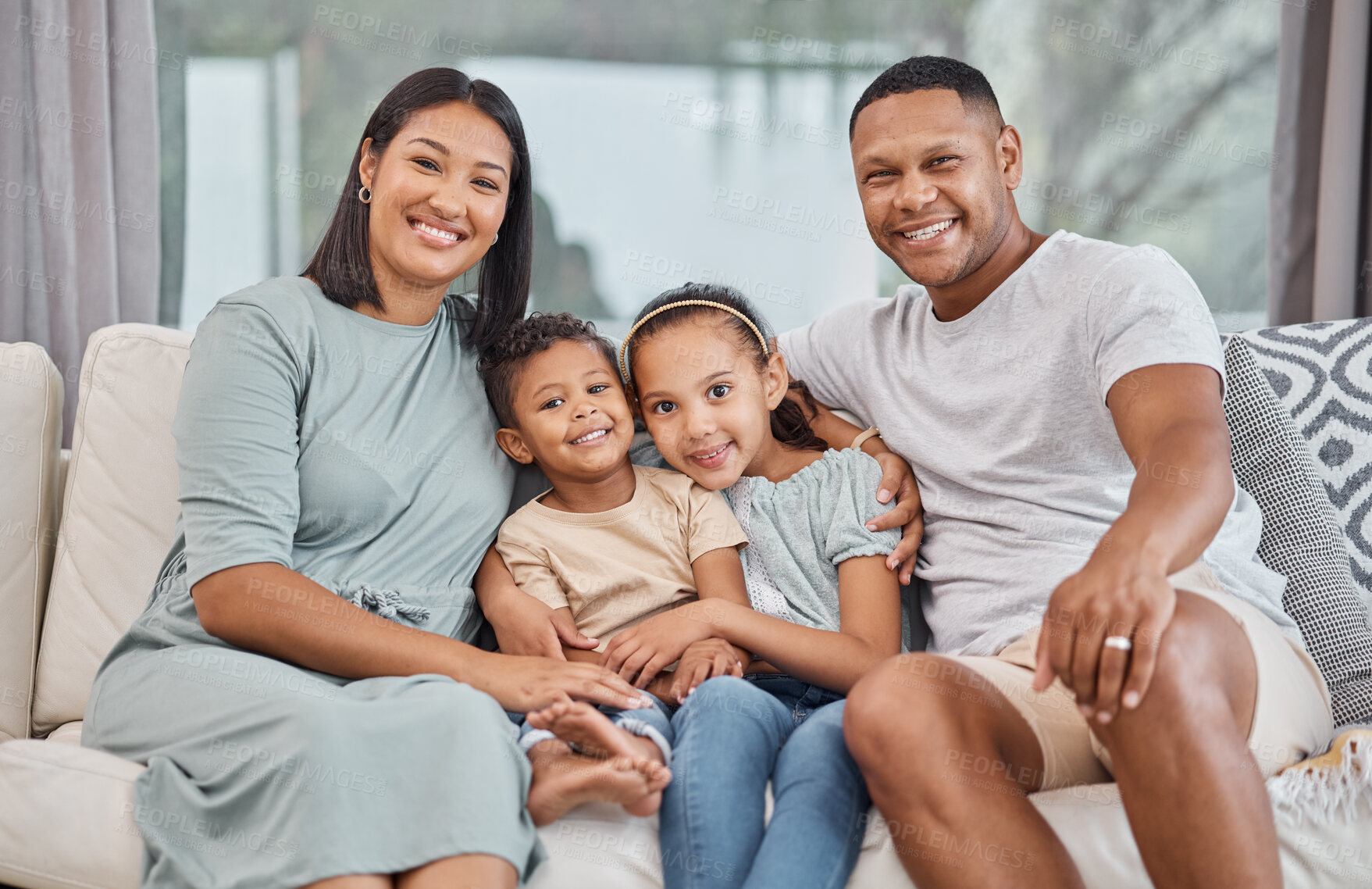 Buy stock photo Portrait, happy family and parents with kids in living room for love, care and siblings bonding together. Smile, mother and father with children on sofa for support and connection in home in Mexico