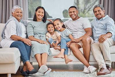 Buy stock photo Portrait, big family and happy parents with kids for love, care and siblings bonding together. Grandparents mother and father with children on sofa for support, connection and generations in home