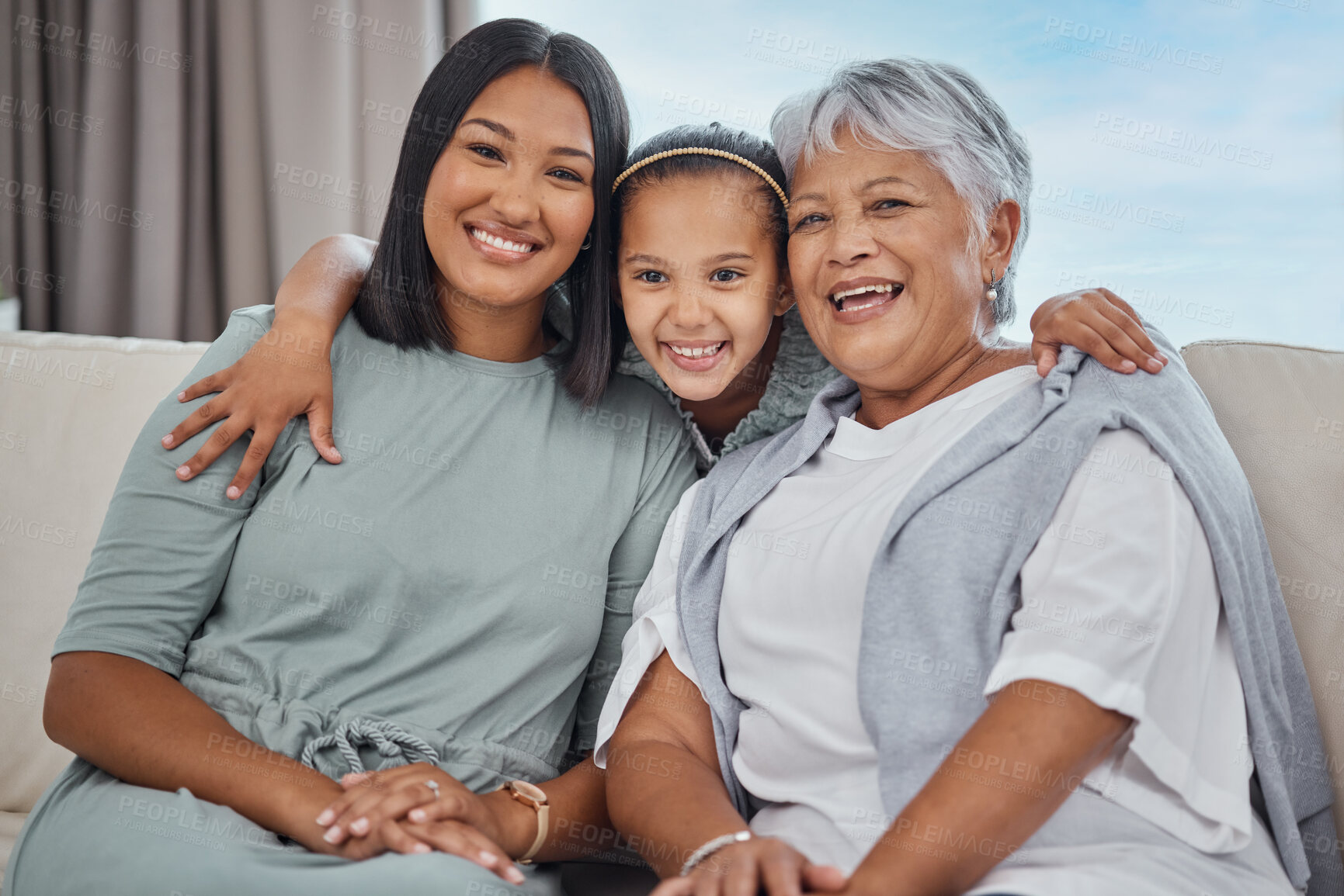 Buy stock photo Portrait, mom and happy grandmother with kid in living room for love, hug and family bonding. Face, grandma and mother with girl child on sofa for support, connection or generations laughing in home