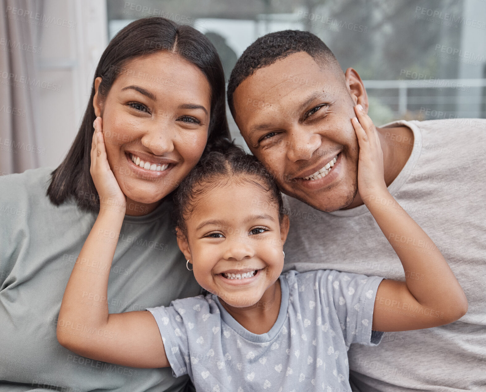 Buy stock photo Portrait, happy family and selfie of parents with kid in home for love, care and people bonding together. Face, mother and father with girl in living room for support, connection or picture in house
