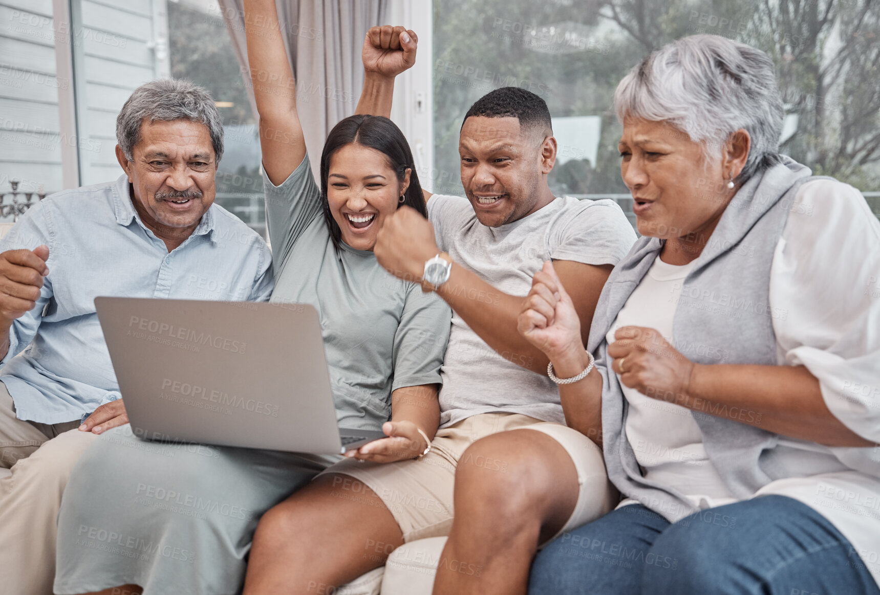 Buy stock photo Sports, goal or happy family on laptop for celebration of competition, winning or live score update. Excited, soccer game or senior people watching news results in home for fans, cheering together