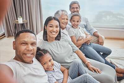 Buy stock photo Portrait, big family and selfie of parents with kids for love, care or sisters bonding together. Grandparents, mother and happy father with children in lounge for pov picture of generation in home