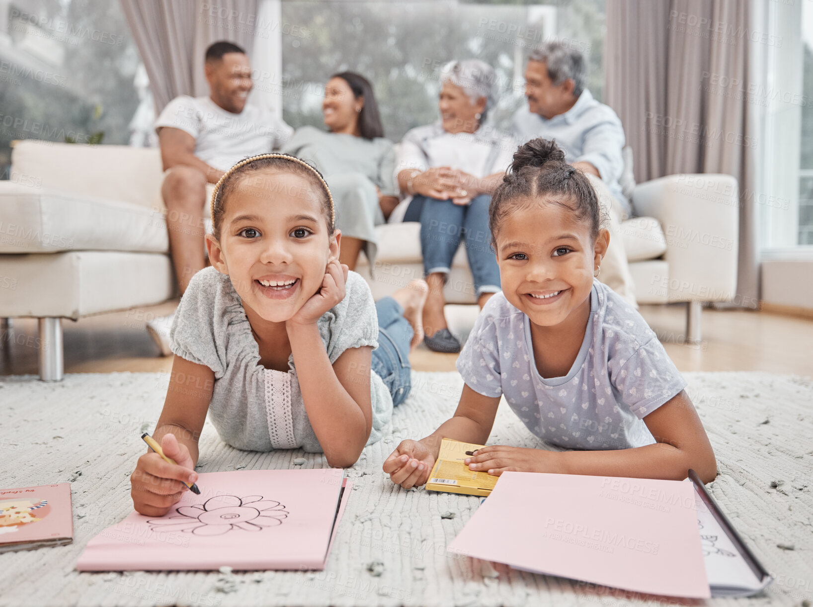 Buy stock photo Happy girl, portrait and siblings with drawing for fun activity, coloring or sketching together on floor at family home. Little female person, children or kids with smile for childhood and creativity