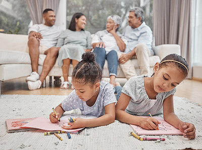 Buy stock photo Girl, friends or siblings with drawing for fun activity, coloring or sketching together on floor at family home. Little female person, children or kids with paper or page for childhood and creativity