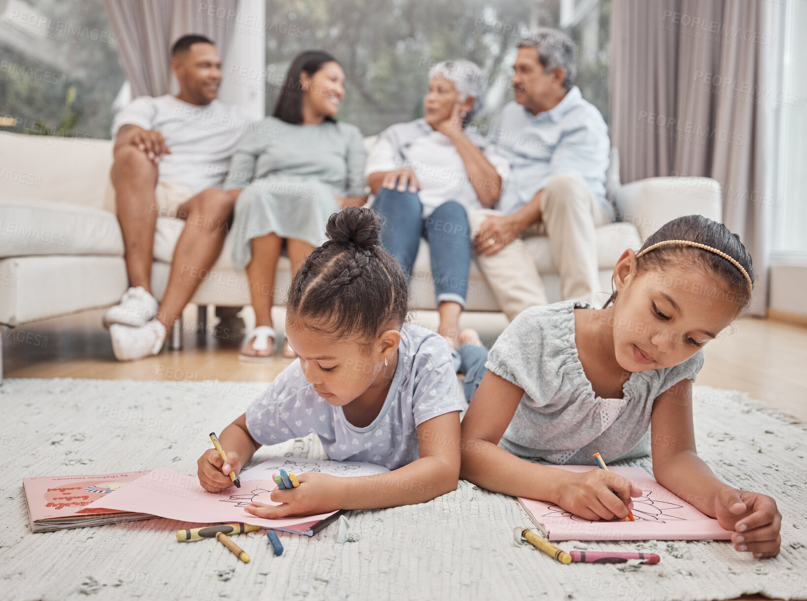 Buy stock photo Girl, friends or siblings with drawing for fun activity, coloring or sketching together on floor at family home. Little female person, children or kids with paper or page for childhood and creativity