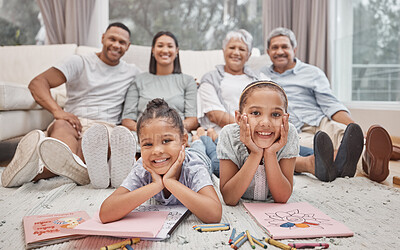 Buy stock photo Happy family, portrait and siblings with drawing for fun activity, coloring or sketching together on floor at home. Little female person, children or kids with smile for childhood, holiday or weekend