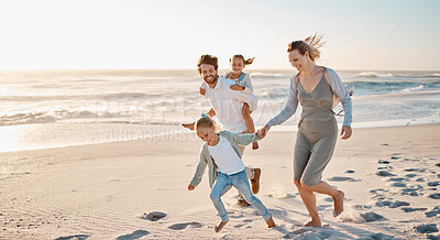 Buy stock photo Beach, family and running with children at sunset for outdoor holiday, adventure and weekend trip. Happy, father and mother with kids by ocean in summer for travel, journey and vacation in Florida