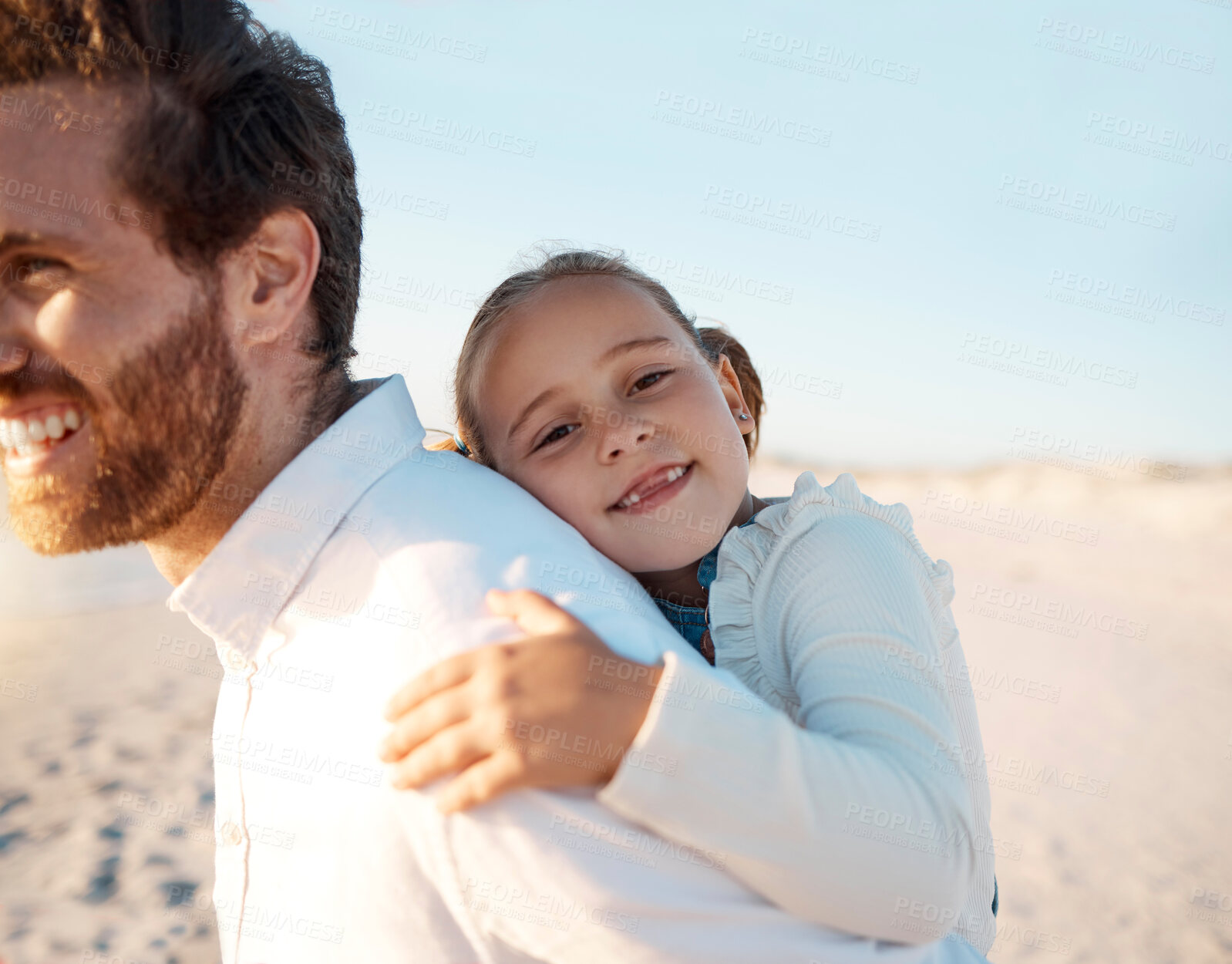 Buy stock photo Father, child and portrait with piggyback on beach for travel, adventure and bonding with fun in nature. Happy family, dad and carrying girl on back at ocean for summer holiday, vacation and love