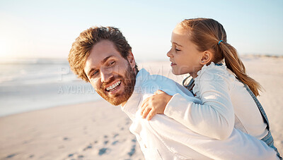 Buy stock photo Happy father, daughter and beach with piggyback for bonding, love or care on outdoor vacation together. Dad carrying little girl, child or kid on back for holiday or weekend by ocean coast in nature