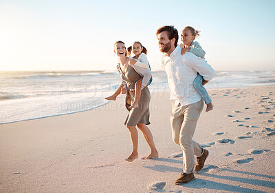 Buy stock photo Happy, family and piggyback with children at beach for outdoor adventure, vacation and weekend trip. Sunset, father and mother with kids by ocean in summer for fun holiday, love and travel in Florida