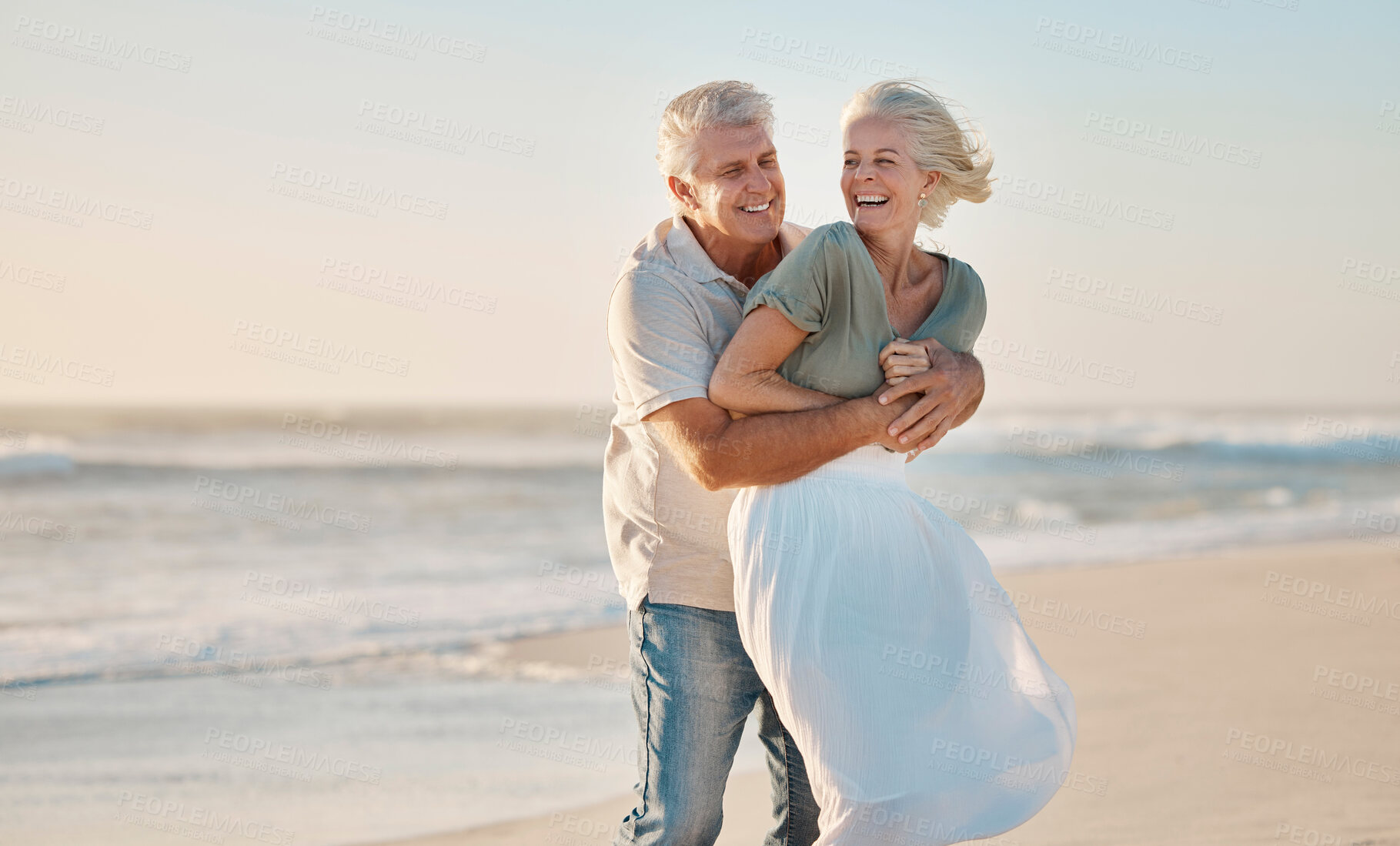 Buy stock photo Laugh, beach and senior couple with love, fun and silly on anniversary holiday or date. Sea, marriage and commitment of people with smile and embrace on summer vacation in Greece for retirement