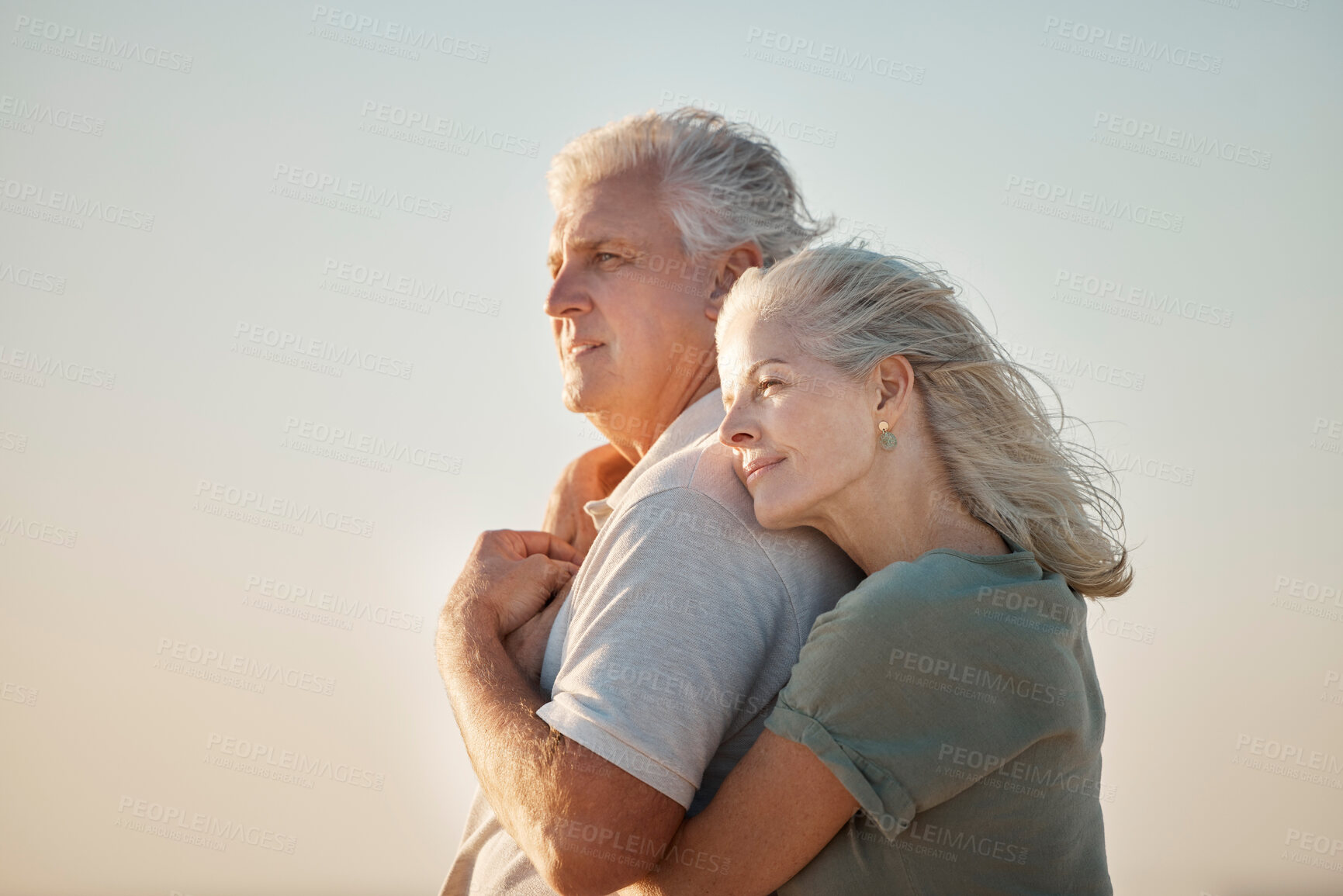 Buy stock photo Relax, beach and senior couple hug with love, care and support for anniversary holiday or date outdoor. Sea, calm and commitment of elderly people with retirement and space on vacation in Greece