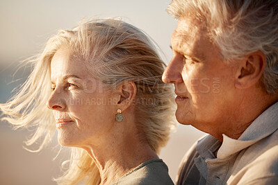 Buy stock photo Date, love and view with old couple on beach together for holiday, travel or vacation in summer. Hug, romance or thinking with elderly man and woman embracing on coast for bonding, moment or wellness