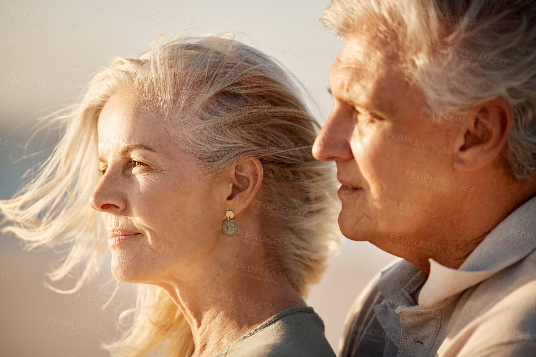 Buy stock photo Date, love and view with old couple on beach together for holiday, travel or vacation in summer. Hug, romance or thinking with elderly man and woman embracing on coast for bonding, moment or wellness