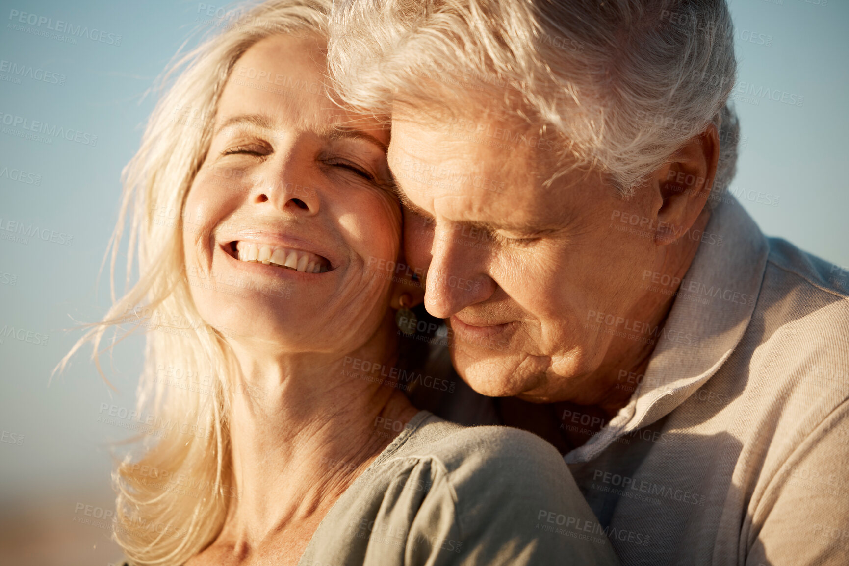 Buy stock photo Date, face and smile with old couple in nature together for holiday, travel or vacation in summer. Hug, love or romance with elderly man and woman embracing outdoor for bonding, moment or wellness