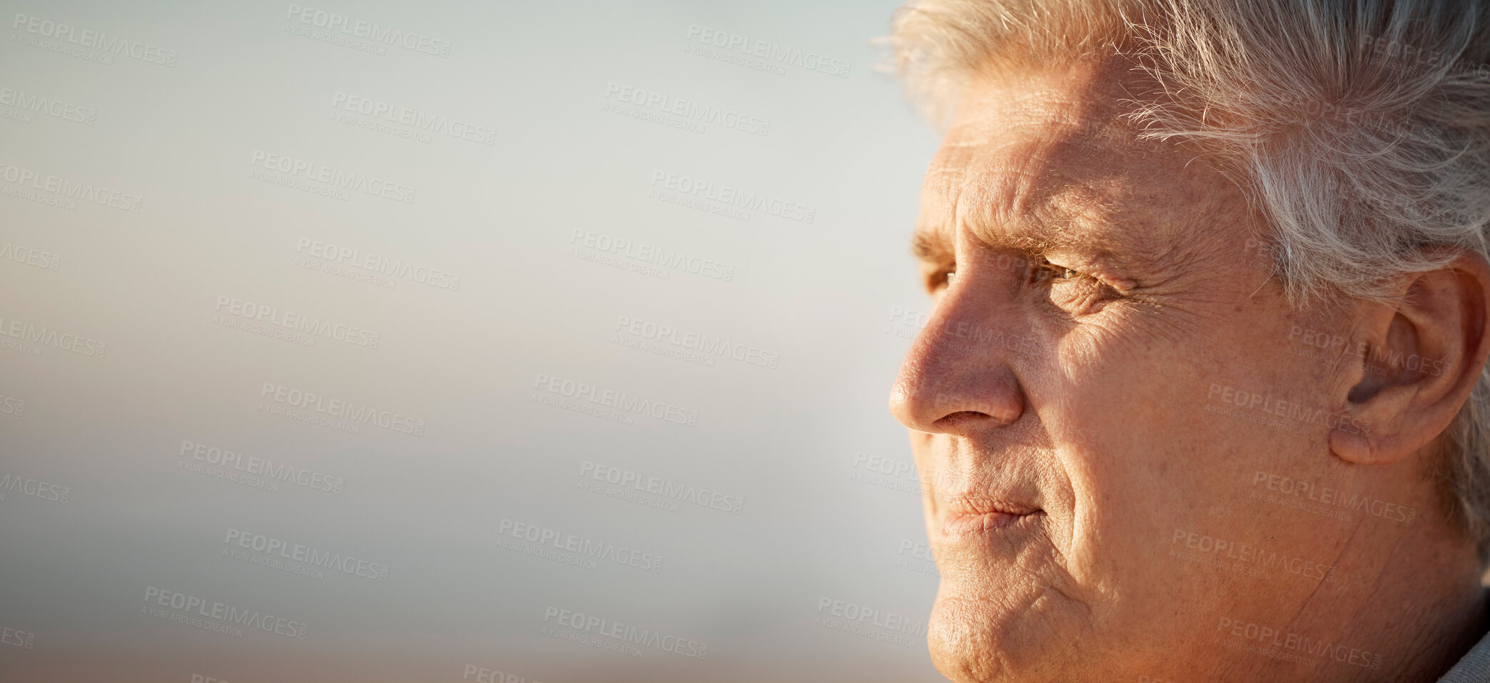 Buy stock photo Thinking, sunrise and mature man in nature for relaxing, rest and calm on weekend outdoors. Retirement, morning and face of man with mockup space for view on beach for peace, holiday and vacation