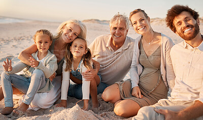 Buy stock photo Family, children and generations at beach for portrait with bonding, excited and hug on vacation. Parents, grandparents and kids on ground with embrace, love and relax together on holiday in Spain