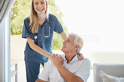 Buy stock photo Senior care, nurse and old man holding hands with smile, trust and fun in lounge at nursing home. Support, homecare and elderly person with happy caregiver, healthcare and laughing in living room