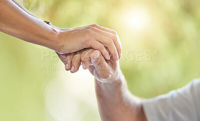 Buy stock photo Doctor, patient and holding hands in closeup for support, care or kindness in consultation at clinic. People, nurse and help with empathy for recovery, rehabilitation and health services in hospital