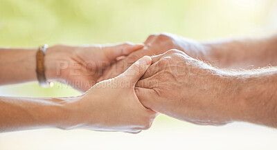 Buy stock photo Doctor, patient and holding hands in closeup for care, support or kindness in consultation at clinic. People, nurse and help with empathy for recovery, rehabilitation and health services in hospital