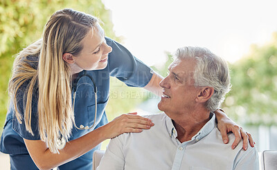 Buy stock photo Senior care, nurse and old man with smile, support and comfort in lounge at nursing home. Kindness, homecare and elderly person with happy caregiver, healthcare and consultation trust in living room