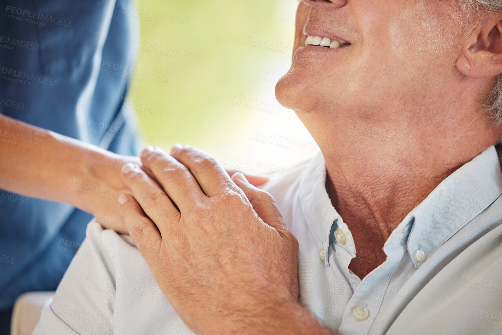 Buy stock photo Senior care, nurse and elderly man holding hands with smile, trust and fun in lounge at nursing home. Support, homecare and old person with happy caregiver, healthcare and kindness in living room