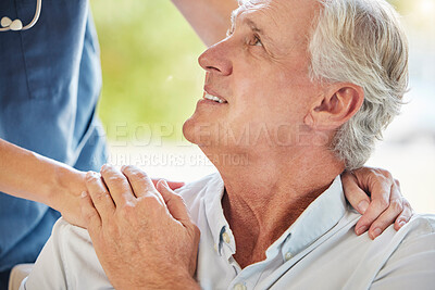 Buy stock photo Senior care, nurse and face of old man holding hands with respect, trust and kindness at nursing home. Support, homecare and elderly person with caregiver, healthcare and service in living room