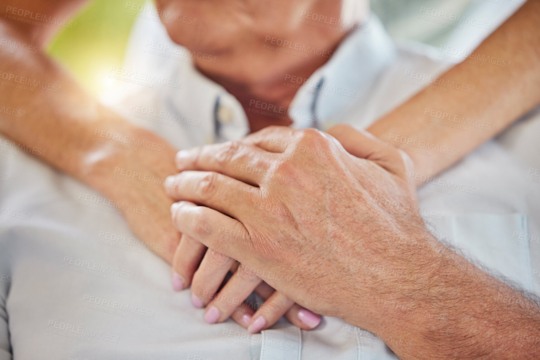 Buy stock photo Hug, holding hands and chest of senior people for support, trust and comfort for care in nursing home. Retirement, healthcare and closeup of nurse with elderly person for kindness, help and wellness